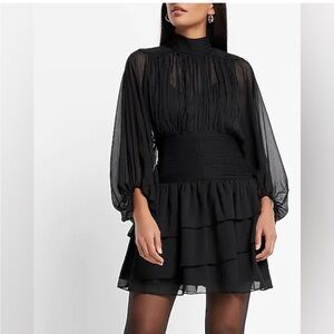 NWT Express Black Mock Neck Long Sleeve Pleated Waist Tiered Ruffle Mini  Dress